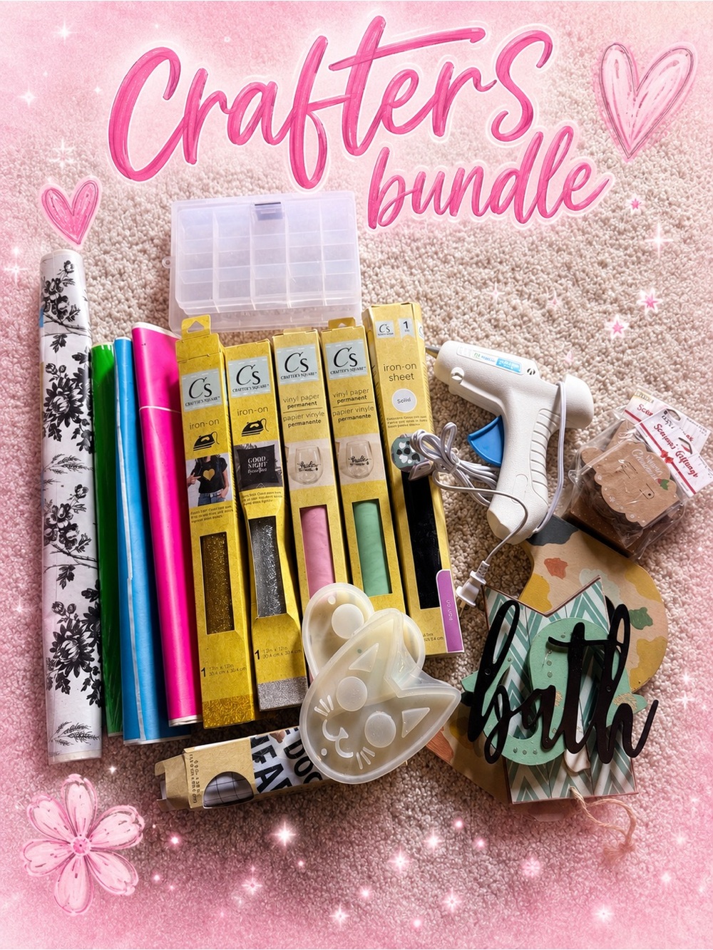Craft Bundle Vinyl, Contact Paper, Glue Gun, Letters, Silicone Molds, Containers